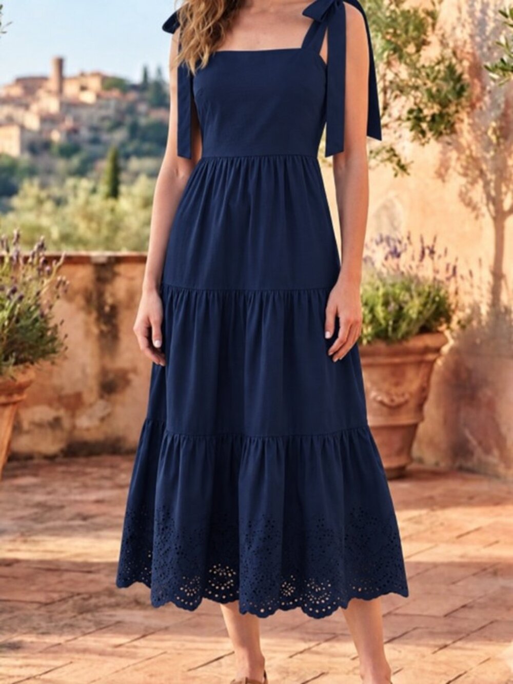 Jason Wu Navy Blue Tiered Eyelet Sundress with Tie Straps
